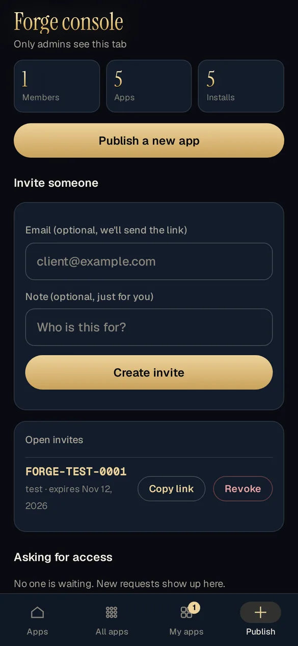 The Forge console with member, app and install counts, a Publish button and invites