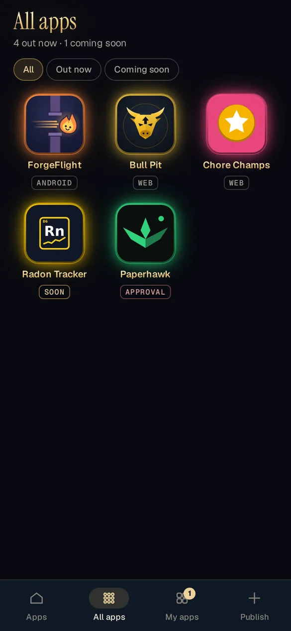 Every app in a grid with its platforms underneath