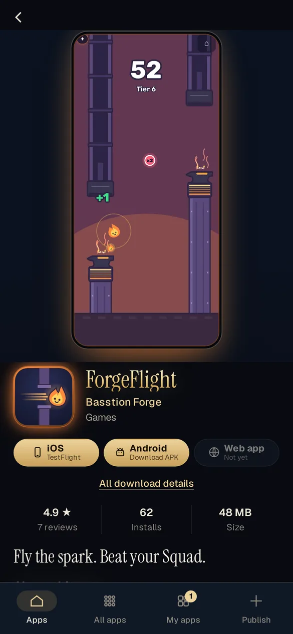 The Forgeflight listing with iPhone, Android and web buttons