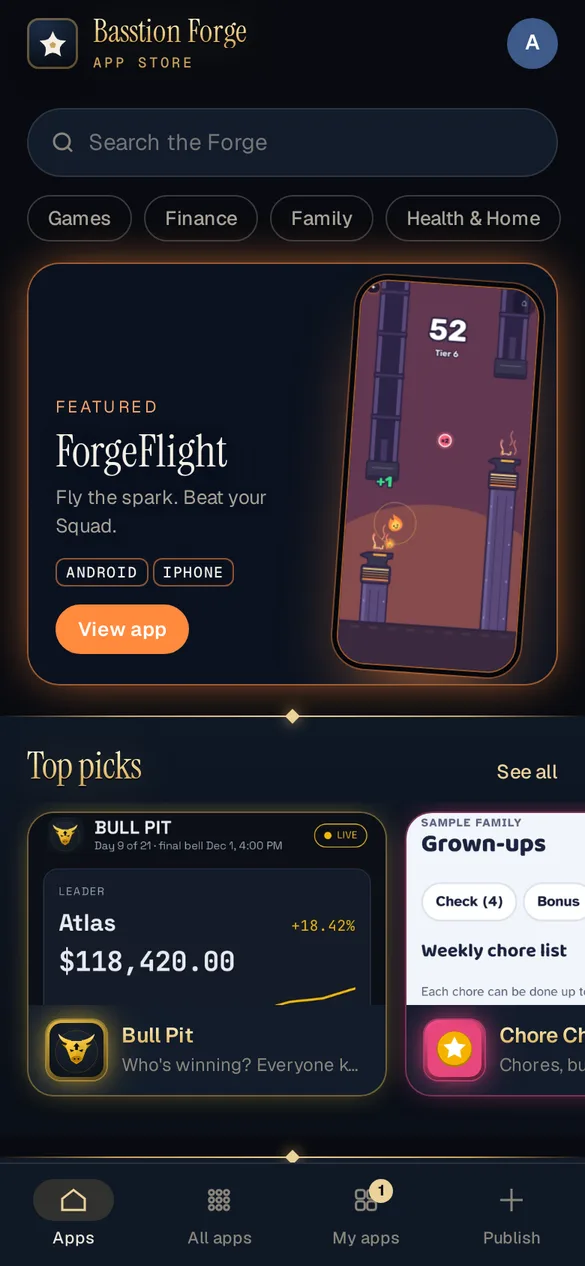 The store's home page with a featured Forgeflight banner, categories and top picks