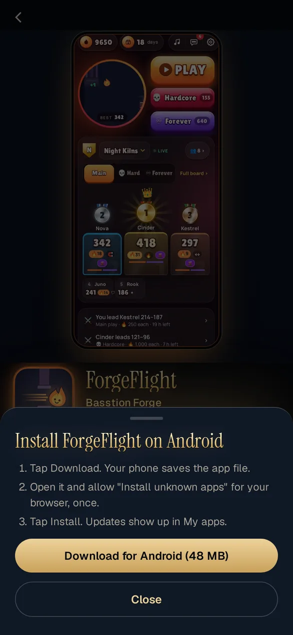An install sheet with three plain steps for installing Forgeflight on Android