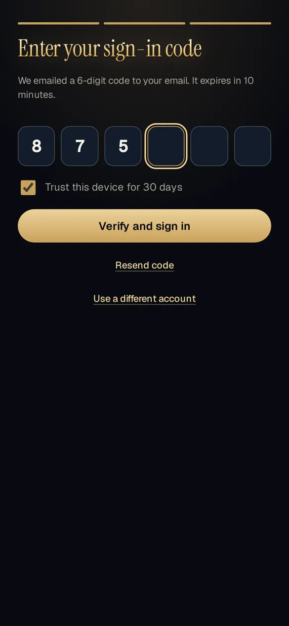 Six boxes for the emailed sign-in code