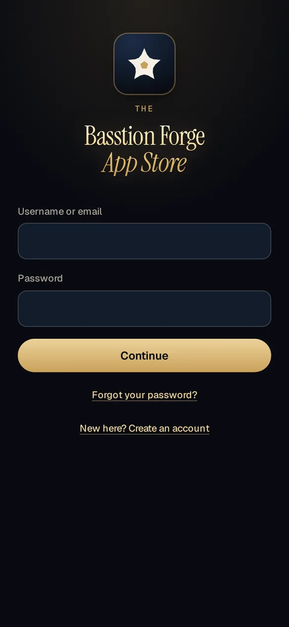 Sign-in screen with the brass Basstion Forge star