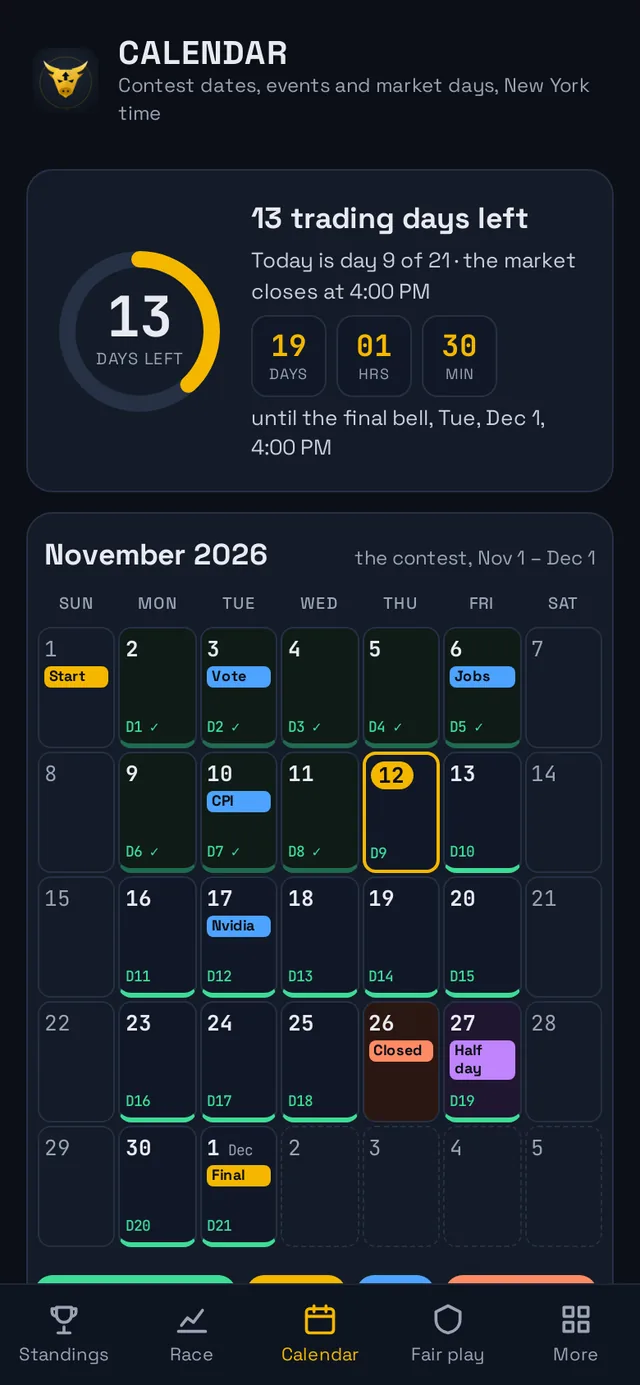 Contest calendar with days left and a countdown to the final bell
