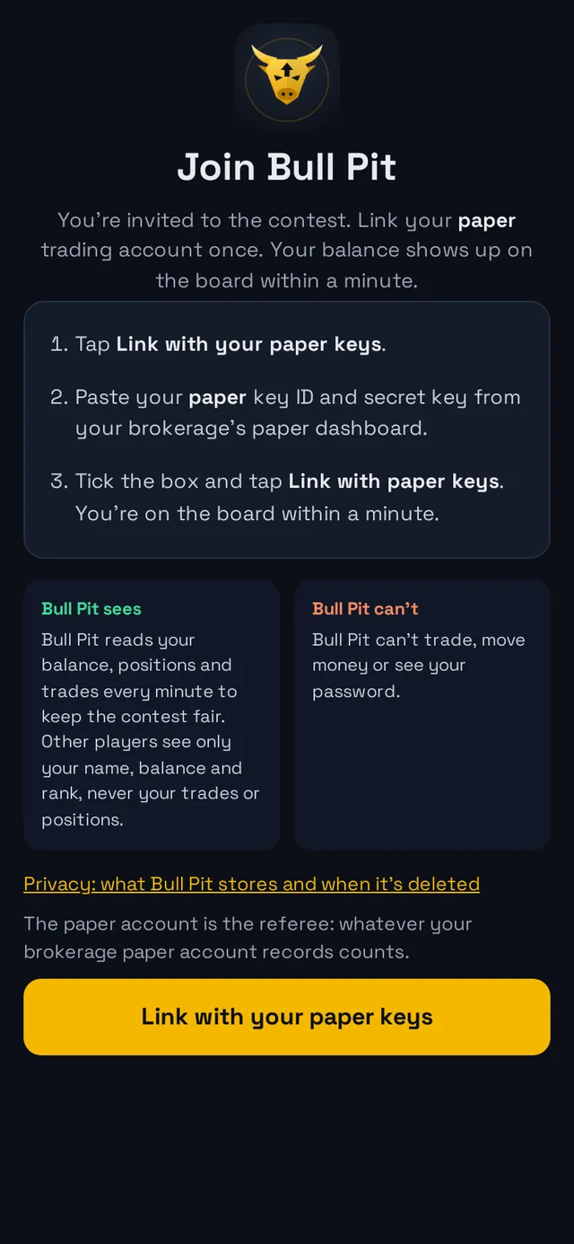 The invite page a friend opens, showing what Bull Pit sees and can't do