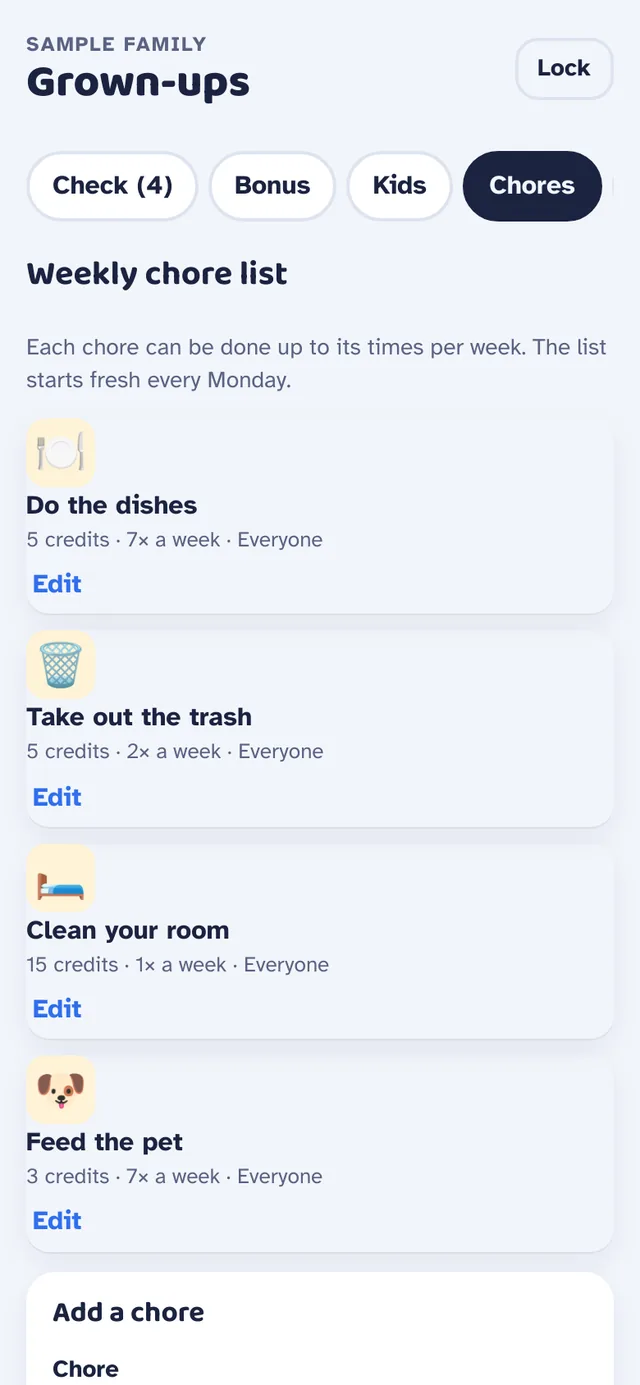 Weekly chore list