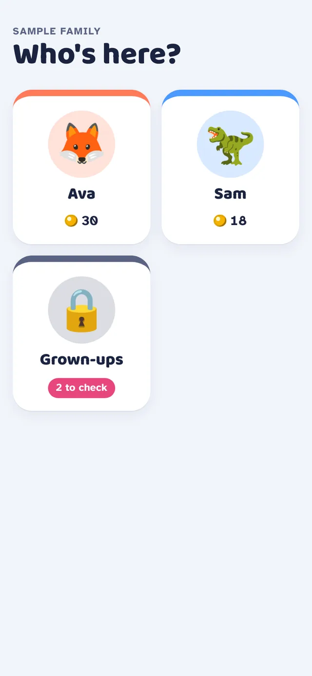 Who's here screen with a tile for each kid and the grown-ups