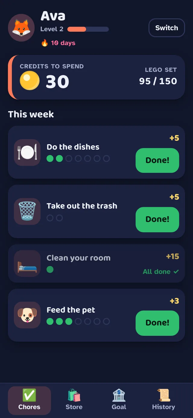 Chore board in dark mode