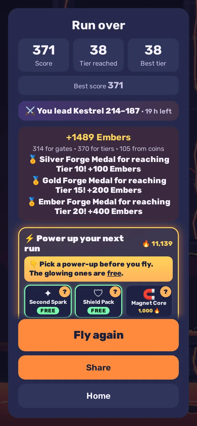 The run over screen with medals and Embers