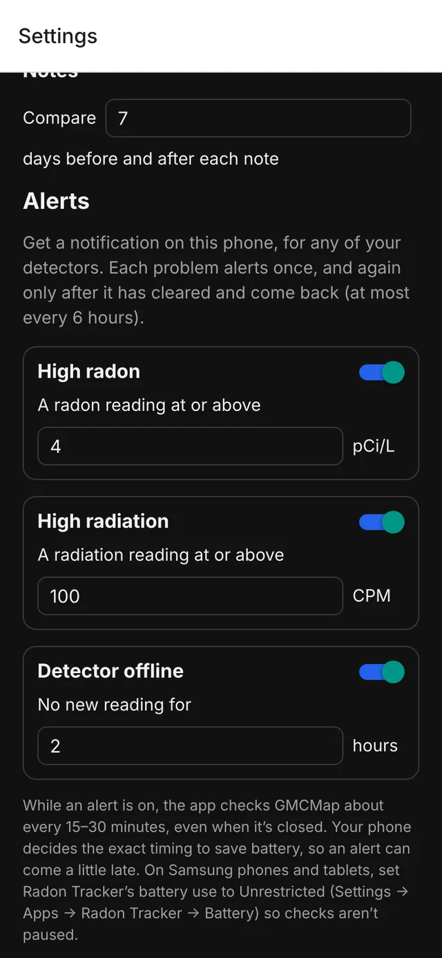 Alert settings with three alerts on